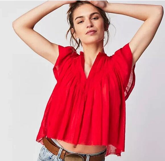 Free People Tops - Free People One Padma Crinkle Gauze Flutter Sleeve V-Neck Top Medium